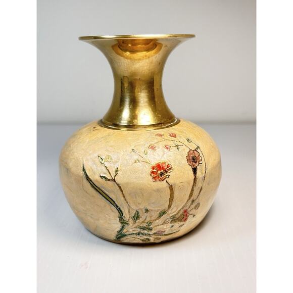 Solid Brass Enameled Cloisonne Vase Flowers 5" India Heavy - Picture 3 of 10